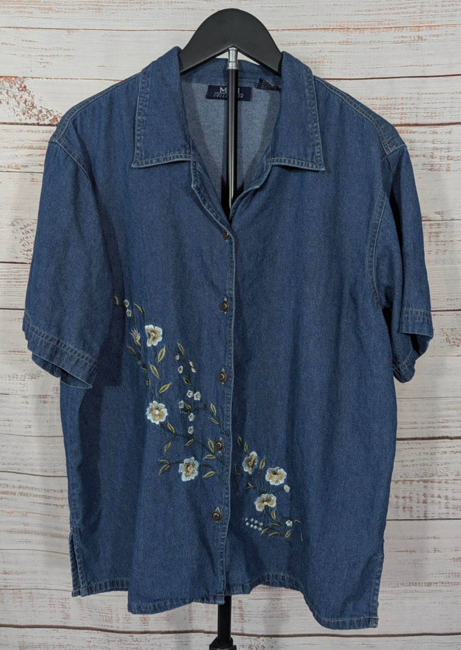 MPH Collection Denim Shirt 1X Floral Embroidered Button Front Short Sleeve